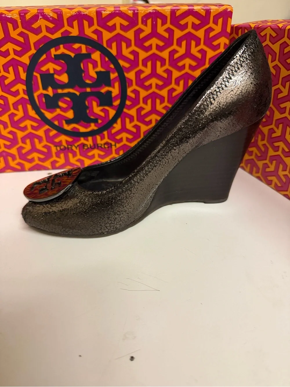 Tory Burch Metallic Black Logo Peep-Toe Heels